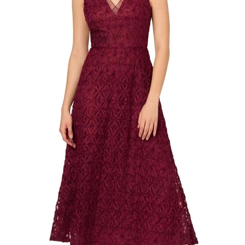 Adrianna Pappell NEW Burgundy lace midi dress with V-neckline Rose Applique